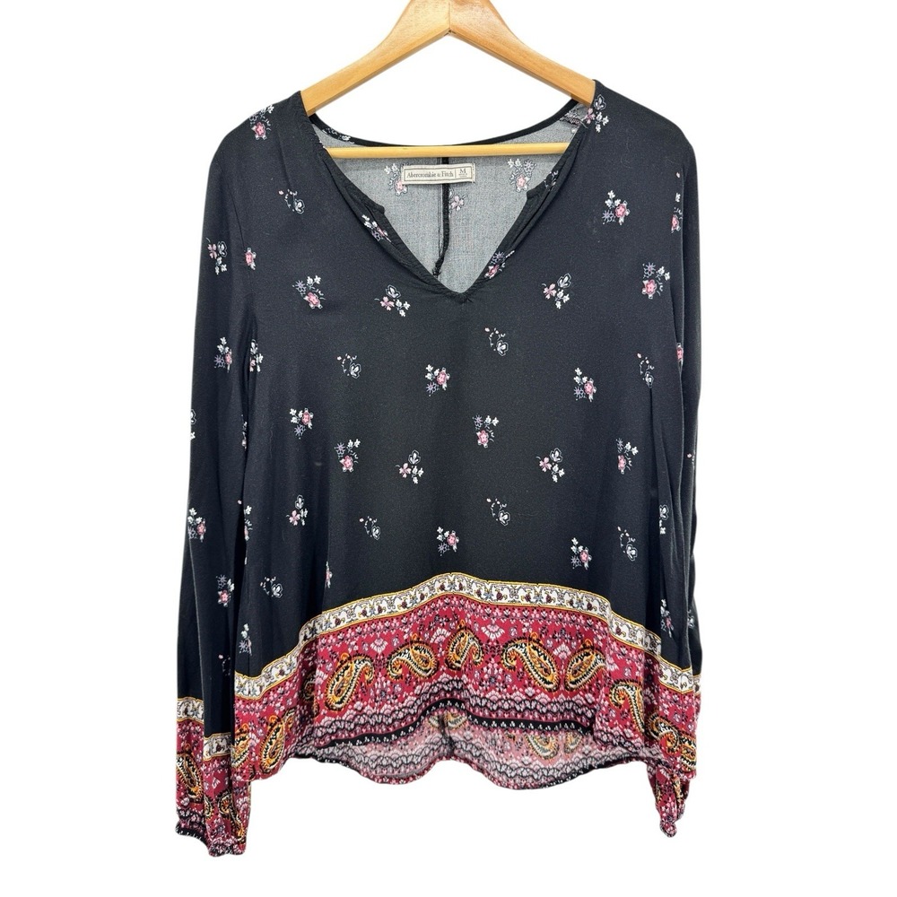 Abercrombie & Fitch‎ Floral Boho Peasant Top Black Paisley Hem Blouse Medium